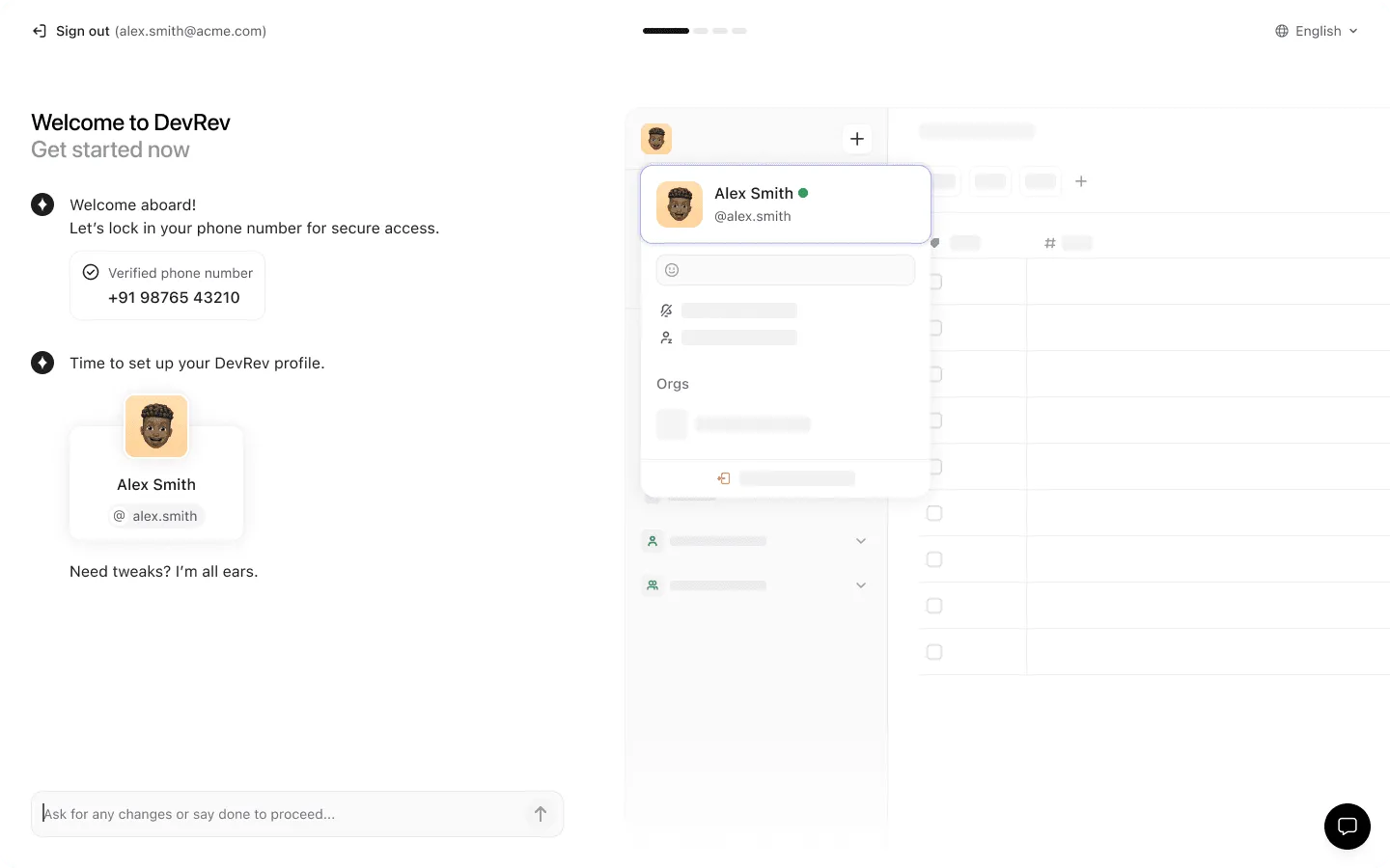 DevRev agent-powered onboarding flow