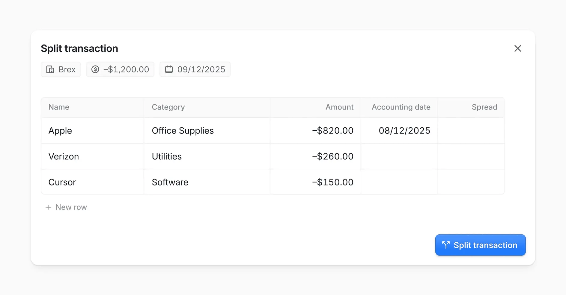 Finta split transaction modal